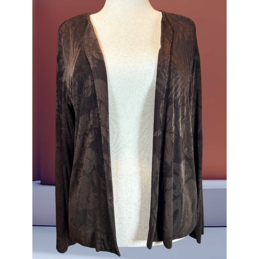 VTG 90s Chicos Travelers 2/M Jacquard Knit Cardigan Brown Slinky Made in USA